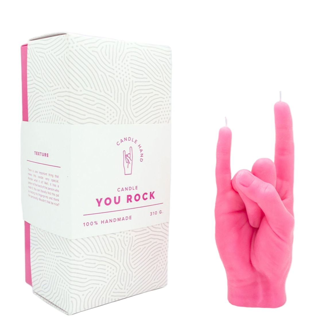 Pink hand-shaped candle and its packaging with 'You Rock' text on a white background
