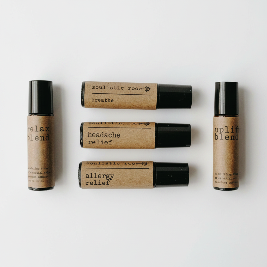 Set of five essential oil roller bottles with labels on a white background