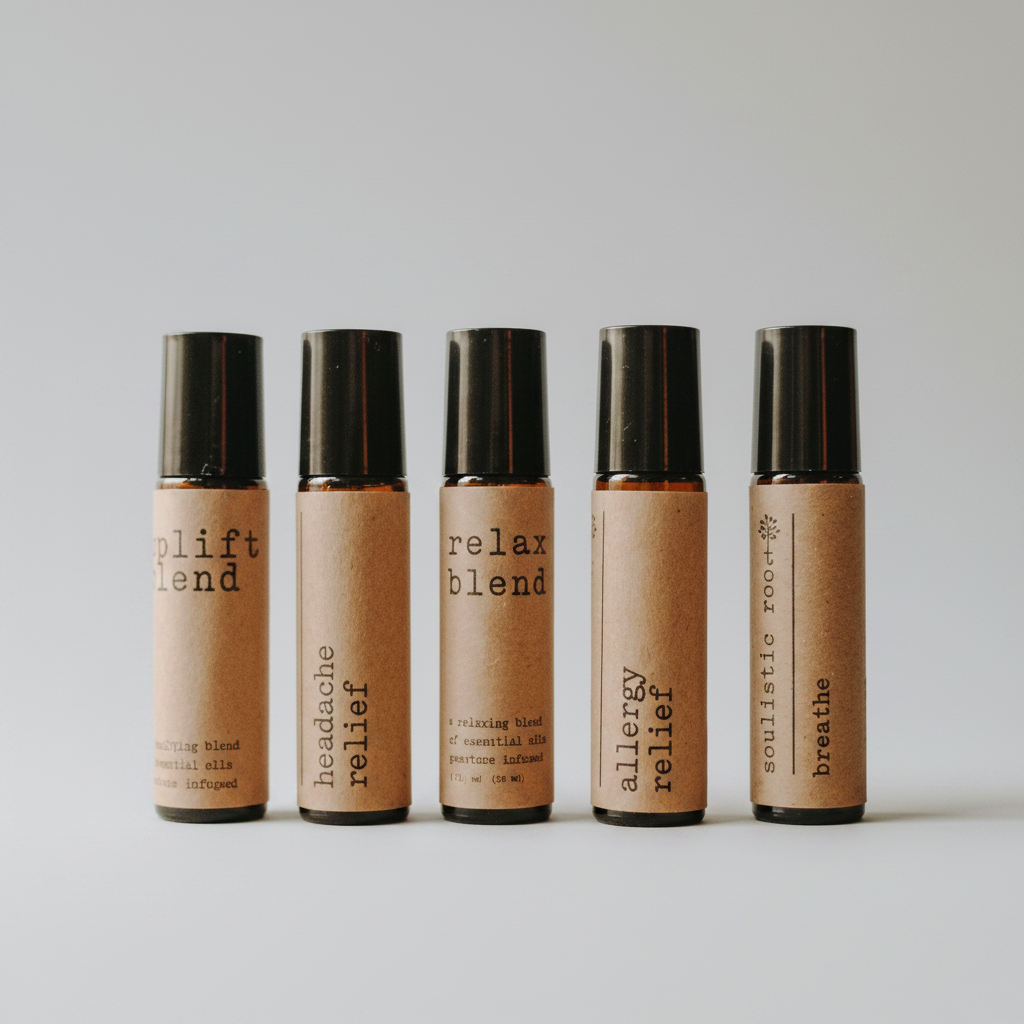 Five roller bottles with different labels on a white background