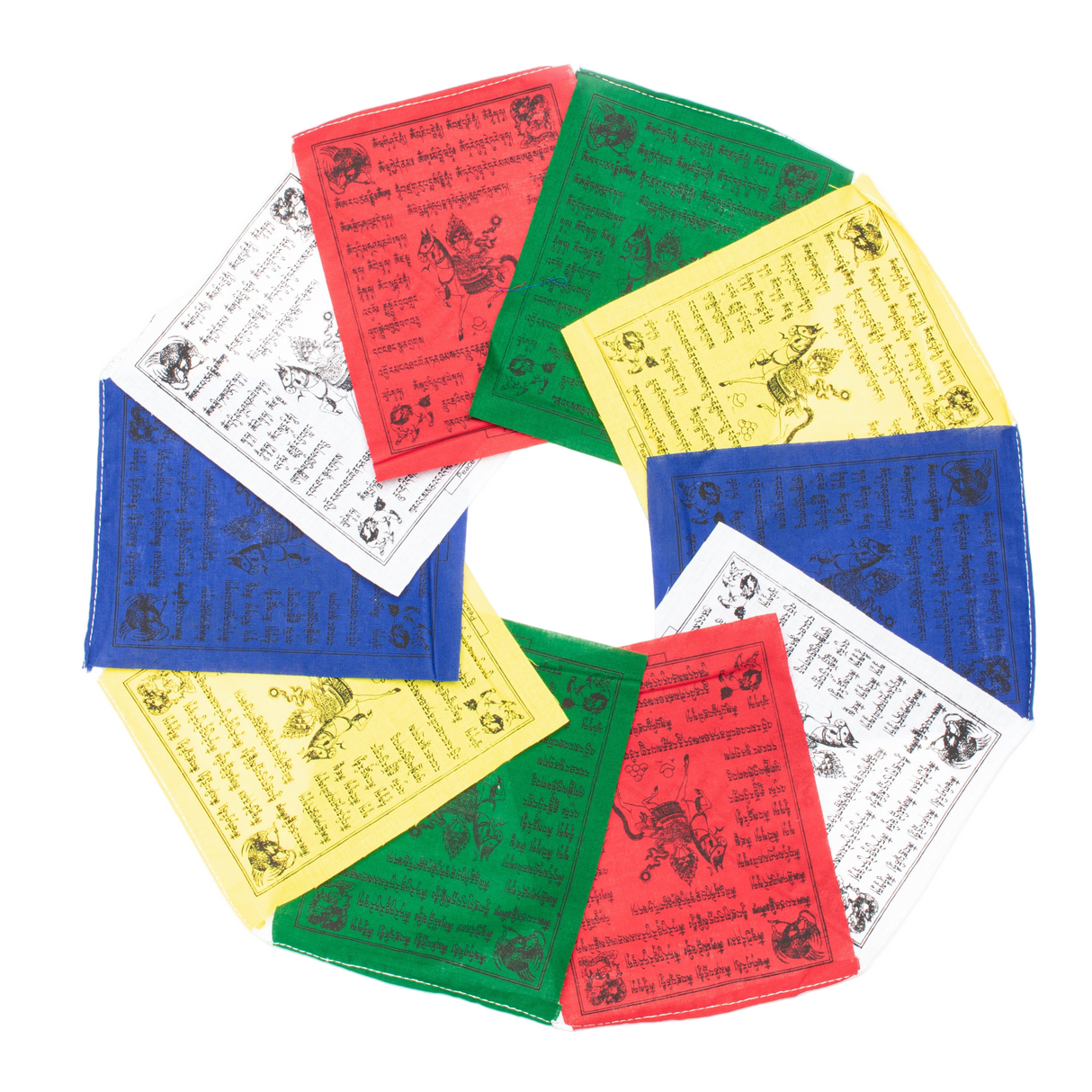 Colorful prayer flag with text and symbols on a white background