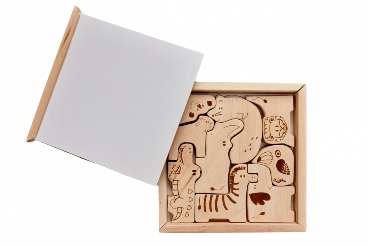 Wooden dinosaur puzzle with a white paper on a white background