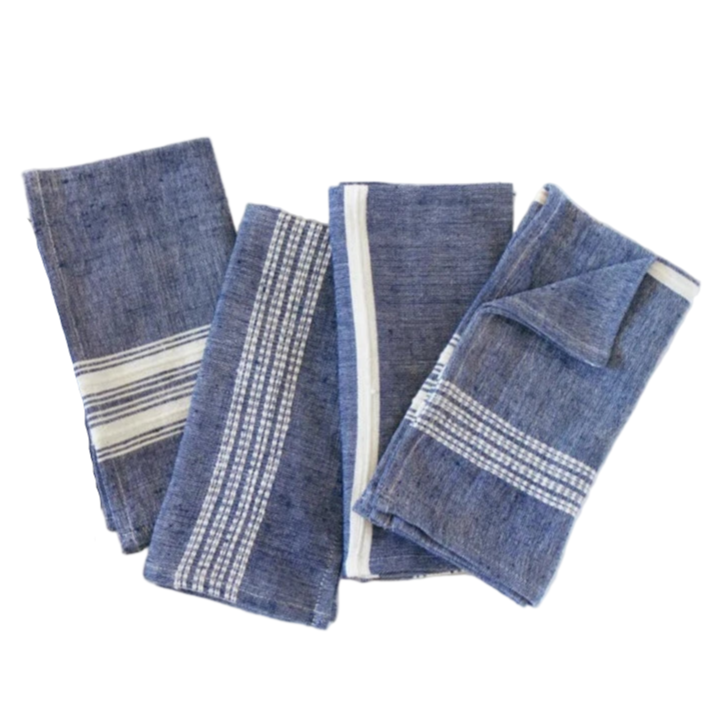 Set of blue denim-style napkins with white stripes on a white background