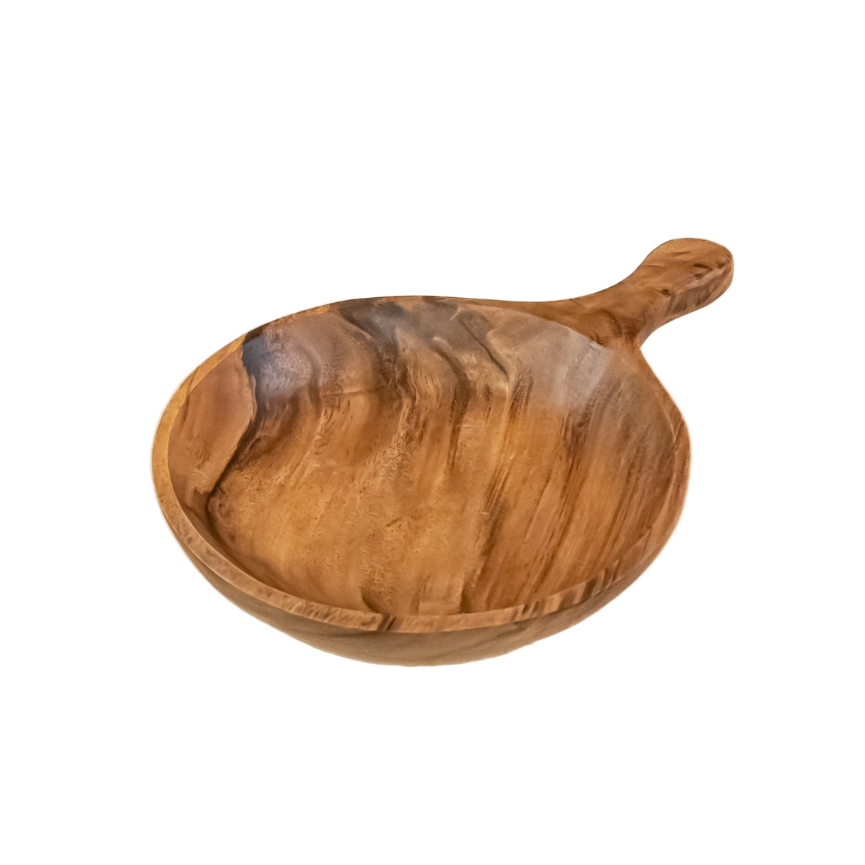 Wooden bowl with handle on a white background