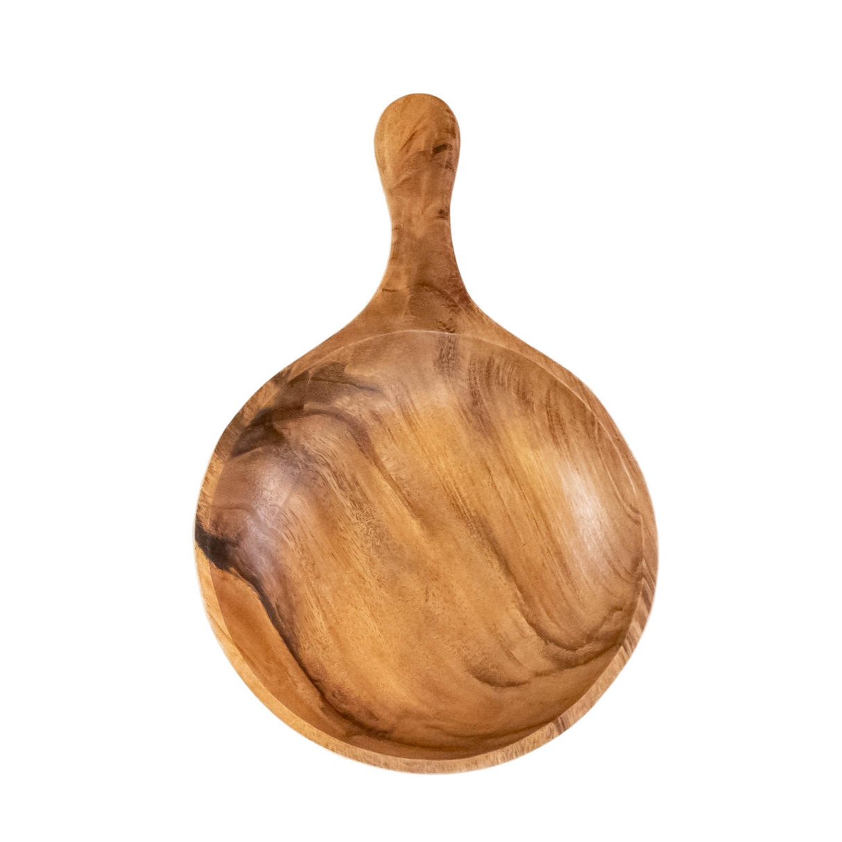 Wooden serving spoon with a handle on a white background