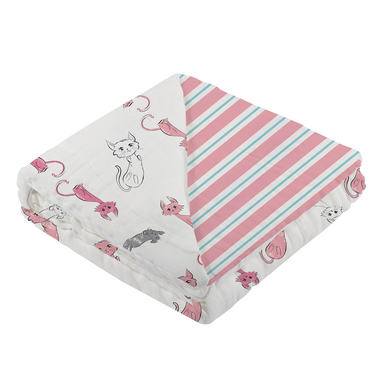 Playful Kitty and Candy Stripe Bamboo Muslin Newcastle Blanket-1
