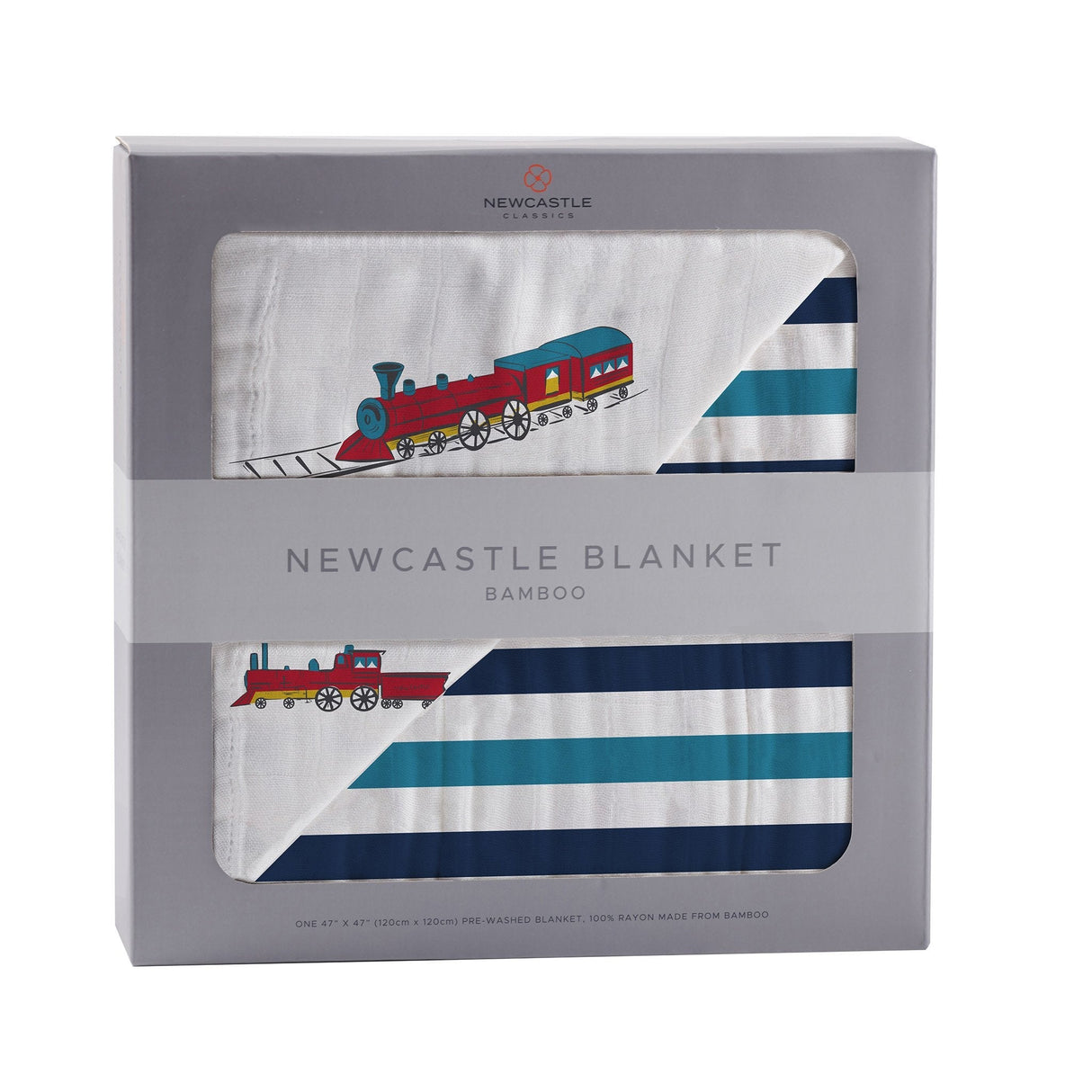 Vintage Steam Trains and Blue Stripe Bamboo Muslin Newcastle Blanket-0