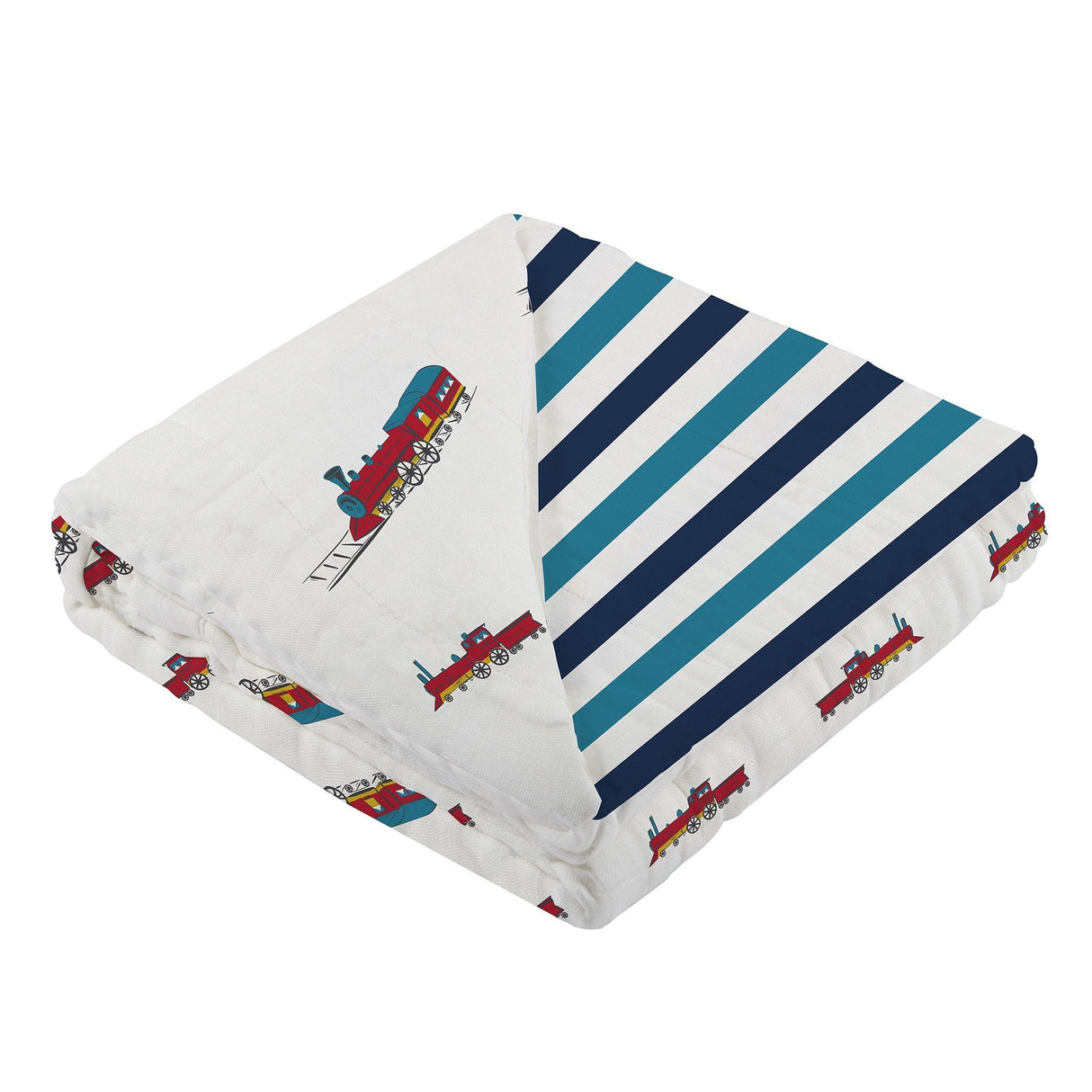 Vintage Steam Trains and Blue Stripe Bamboo Muslin Newcastle Blanket-1