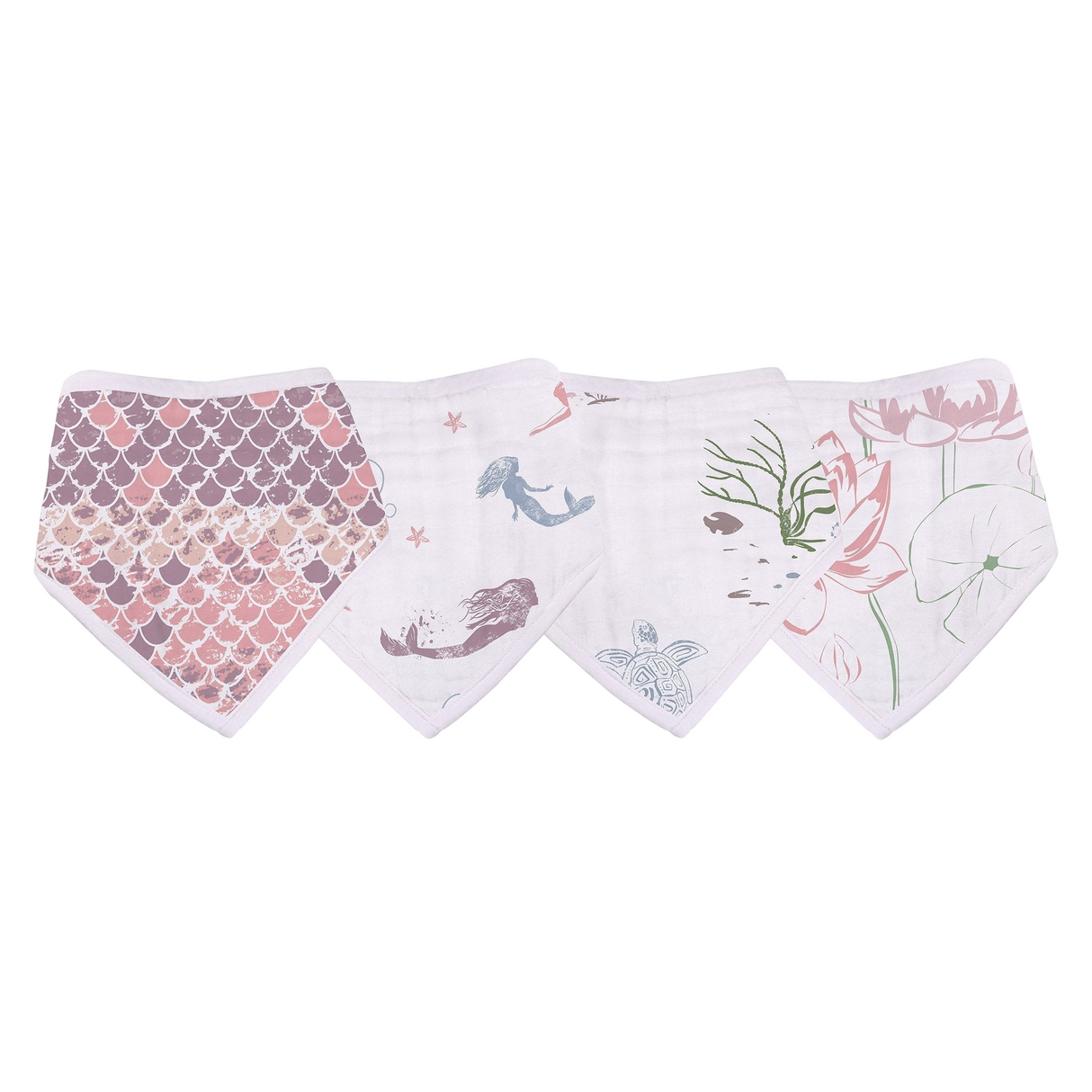 Set of four baby bibs with different patterns on a white background