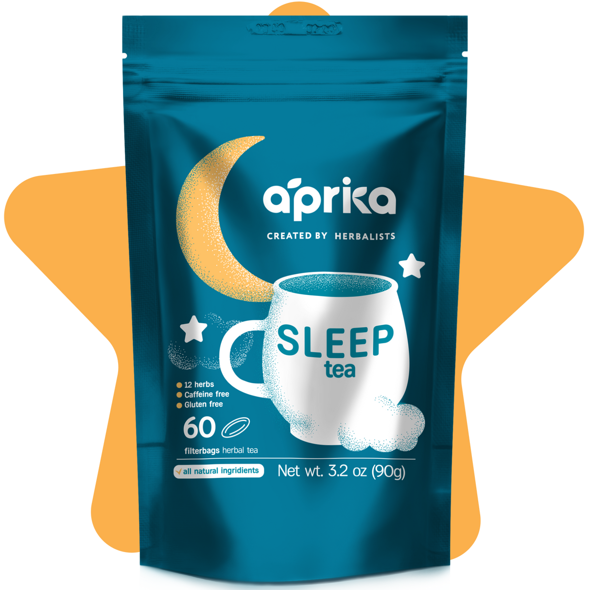 Aprika Sleep Tea package with a blue background and orange accents