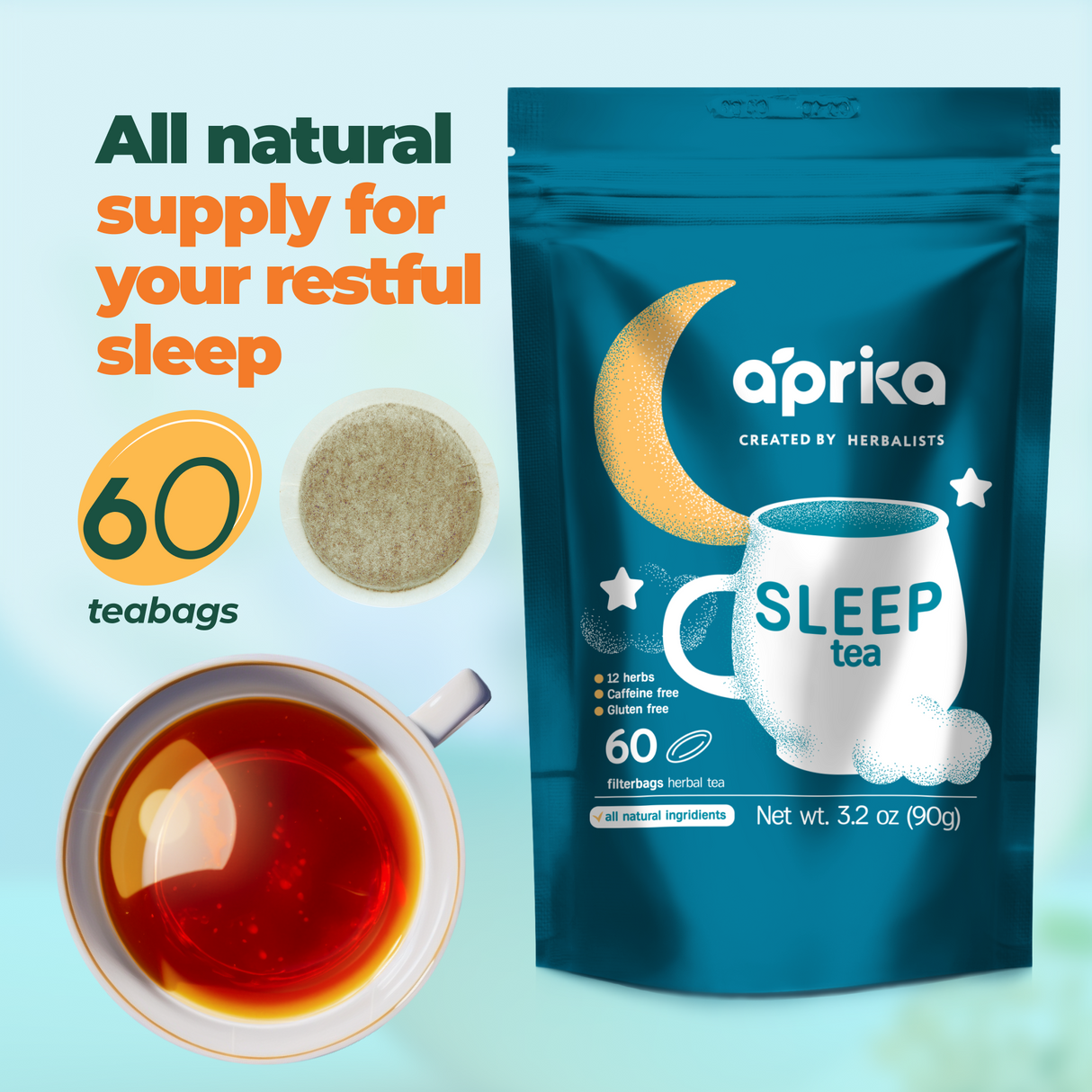 Aprika Sleep tea packaging with a cup of tea and text on a light blue background