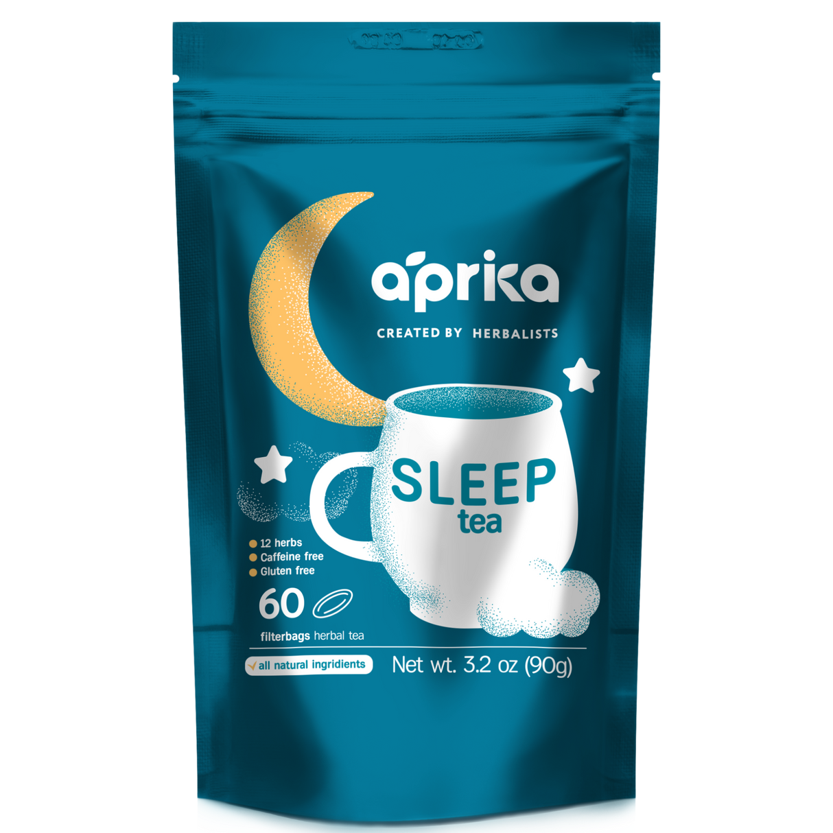 Aprika Sleep Tea package with a blue background