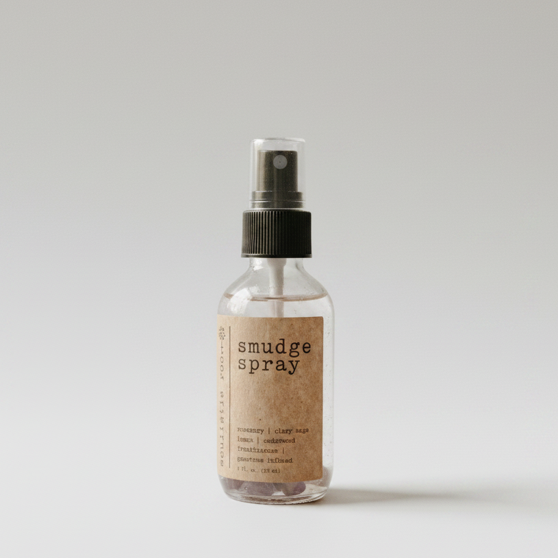 Bottle of smudge spray on a white background