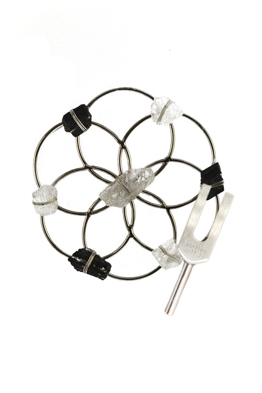 Sound Healing - Silver Black Tourmaline Quartz Crystal Grid & Tuning Fork Set - Sumiye Co