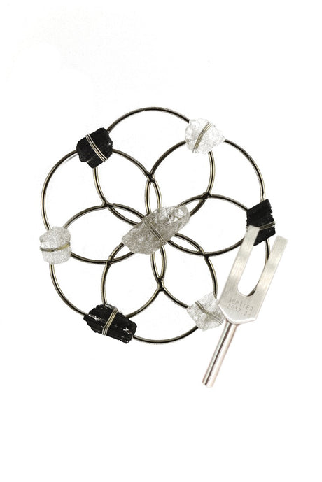 Sound Healing - Silver Black Tourmaline Quartz Crystal Grid & Tuning Fork Set - Sumiye Co