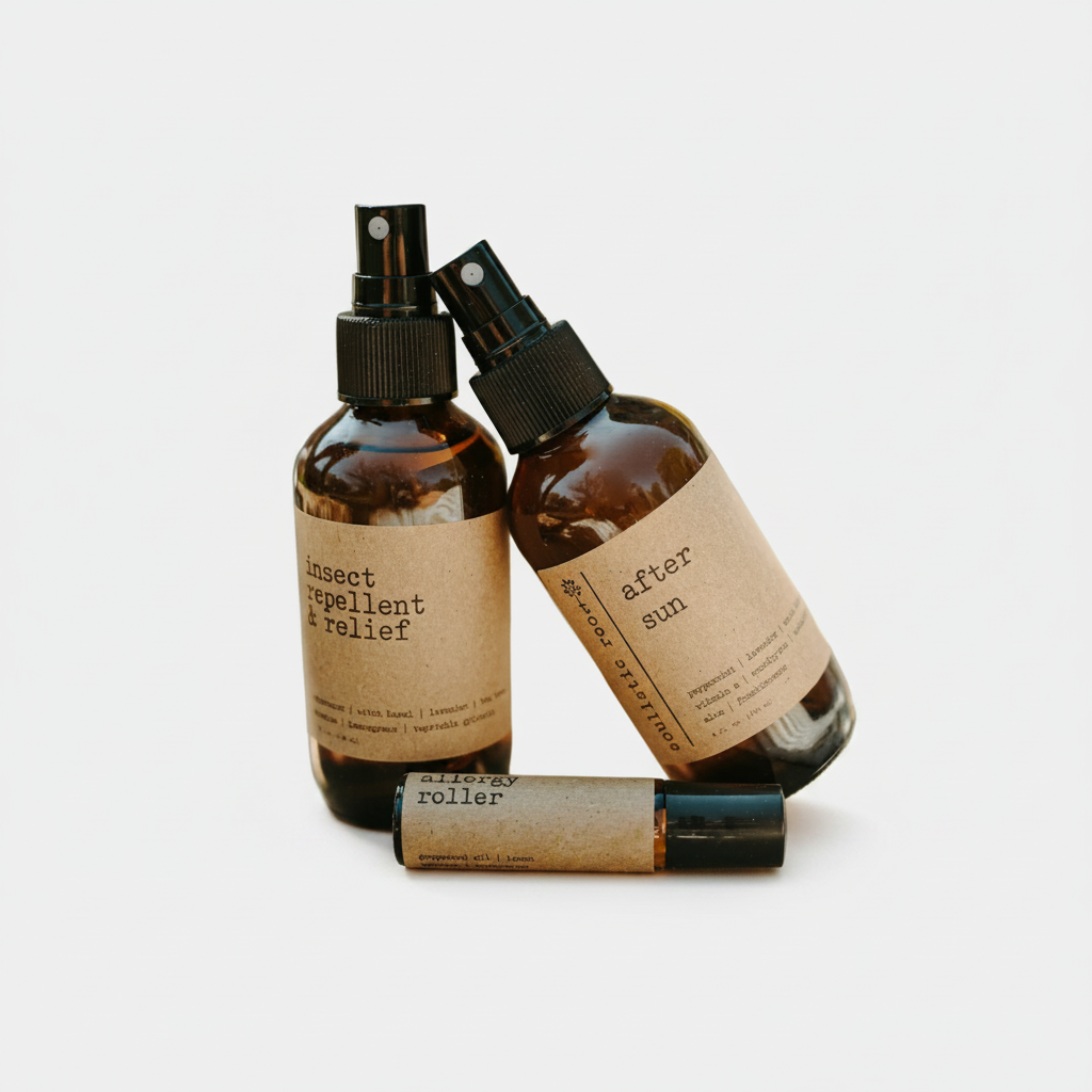 Three bottles of natural skincare products on a white background