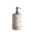 Marble-textured soap dispenser with metallic pump on a white background