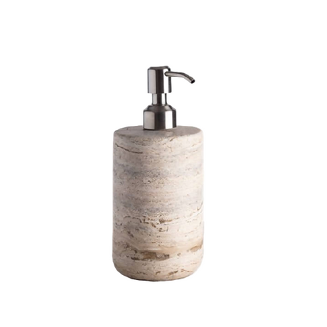 Marble-textured soap dispenser with metallic pump on a white background