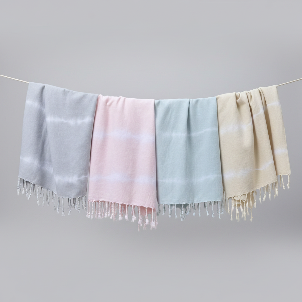 Four scarves in gray, pink, blue, and beige hanging on a line against a gray background.