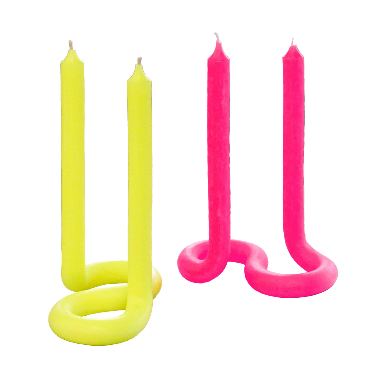 Two pairs of yellow and pink candles with wavy designs on a white background