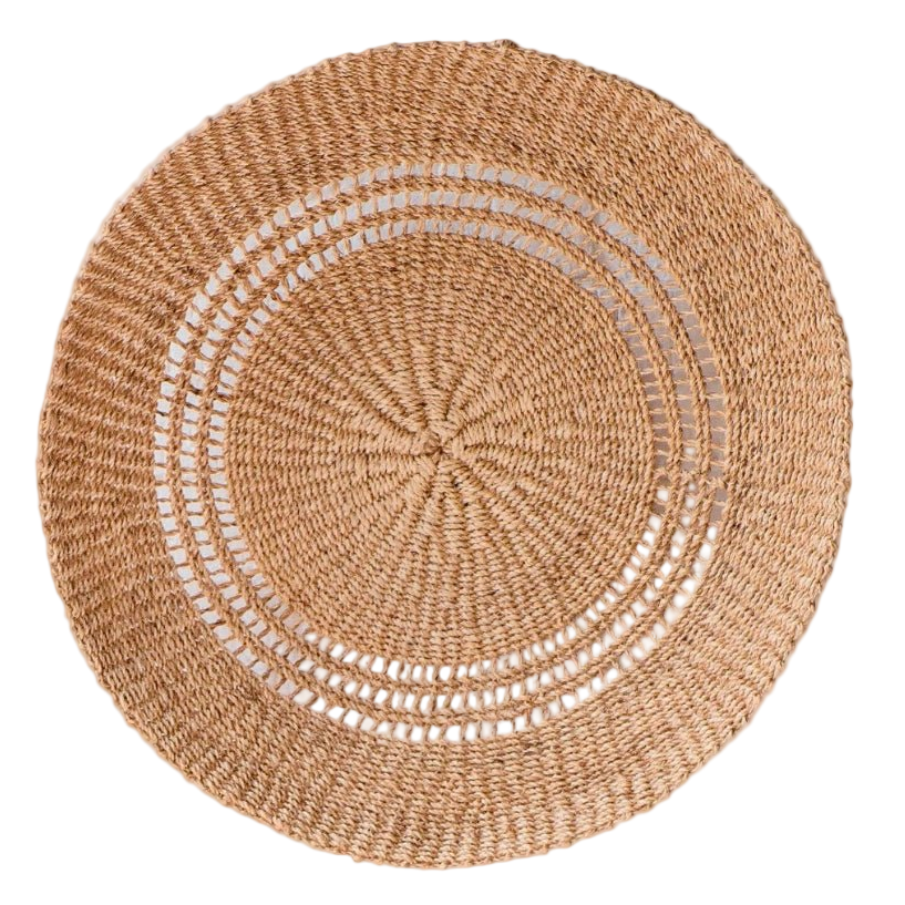 Round woven placemat with concentric circle pattern on a white background
