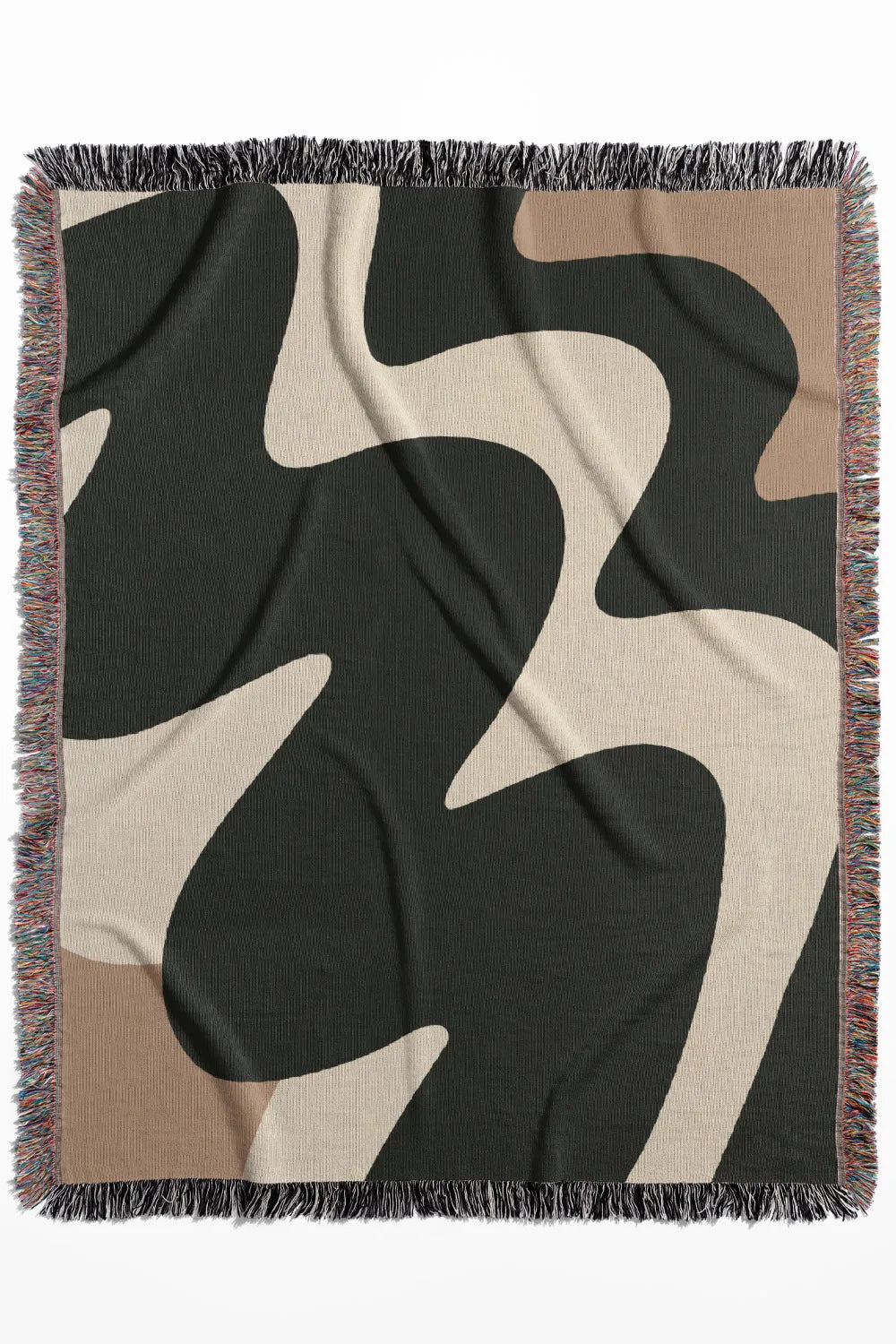 High-contrast cotton woven throw blanket featuring fluid shapes in black, off-white, and beige.