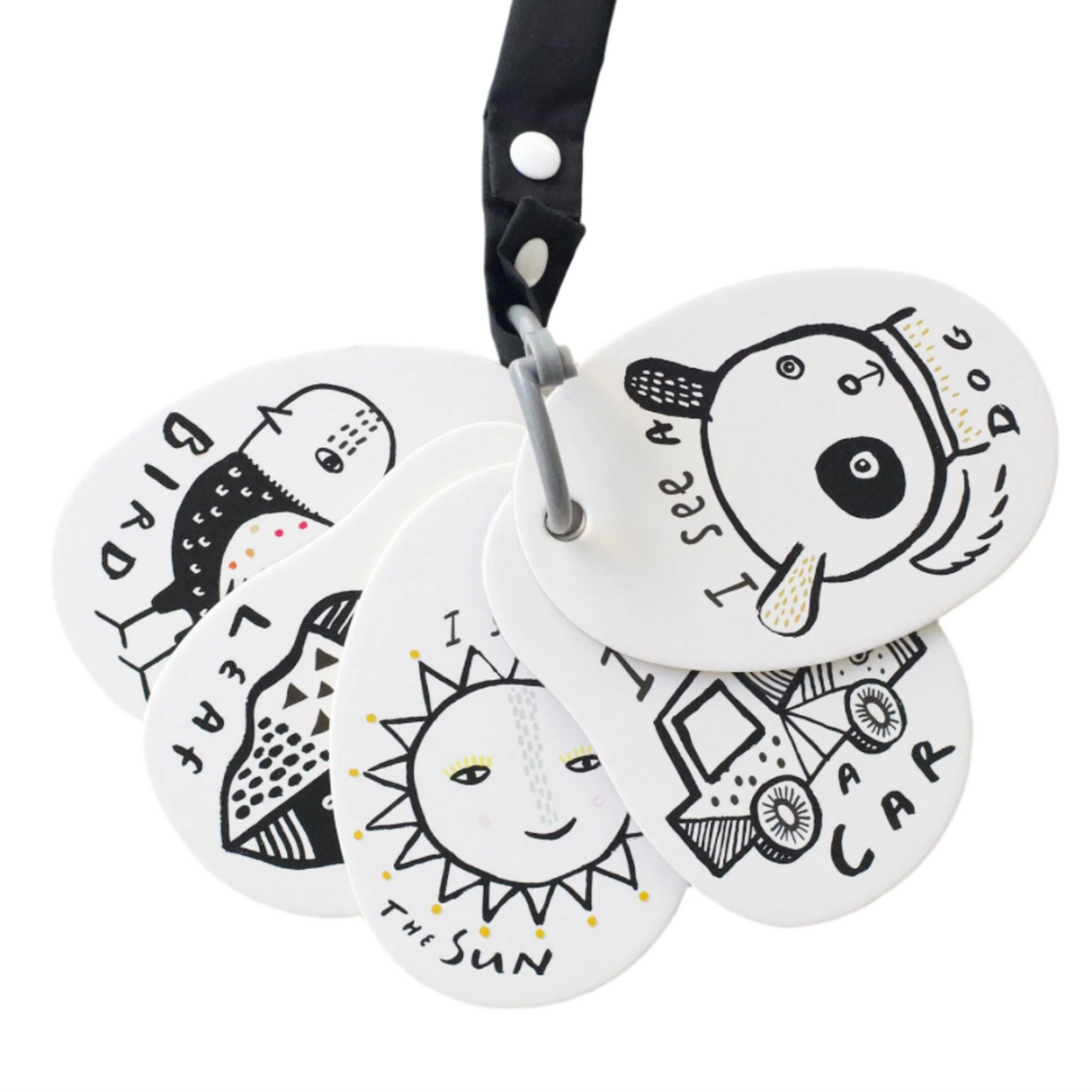 Set of four round white labels with black illustrations and text on a white background