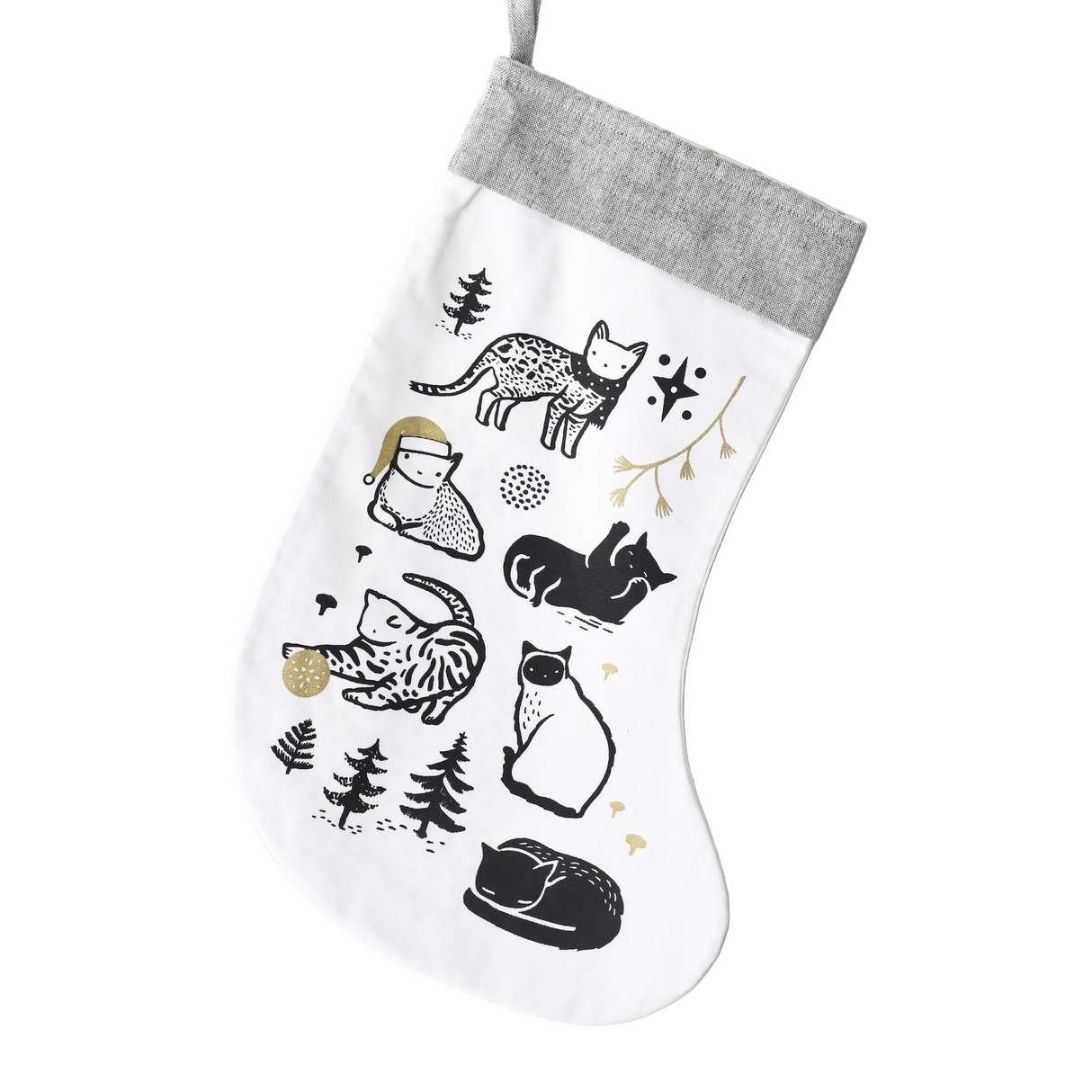 White stocking with black cat illustrations on a white background
