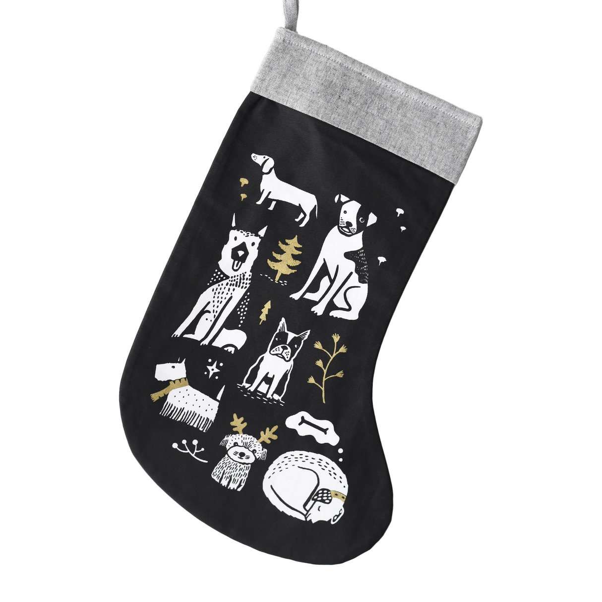 Black Christmas stocking with white dog illustrations on a white background