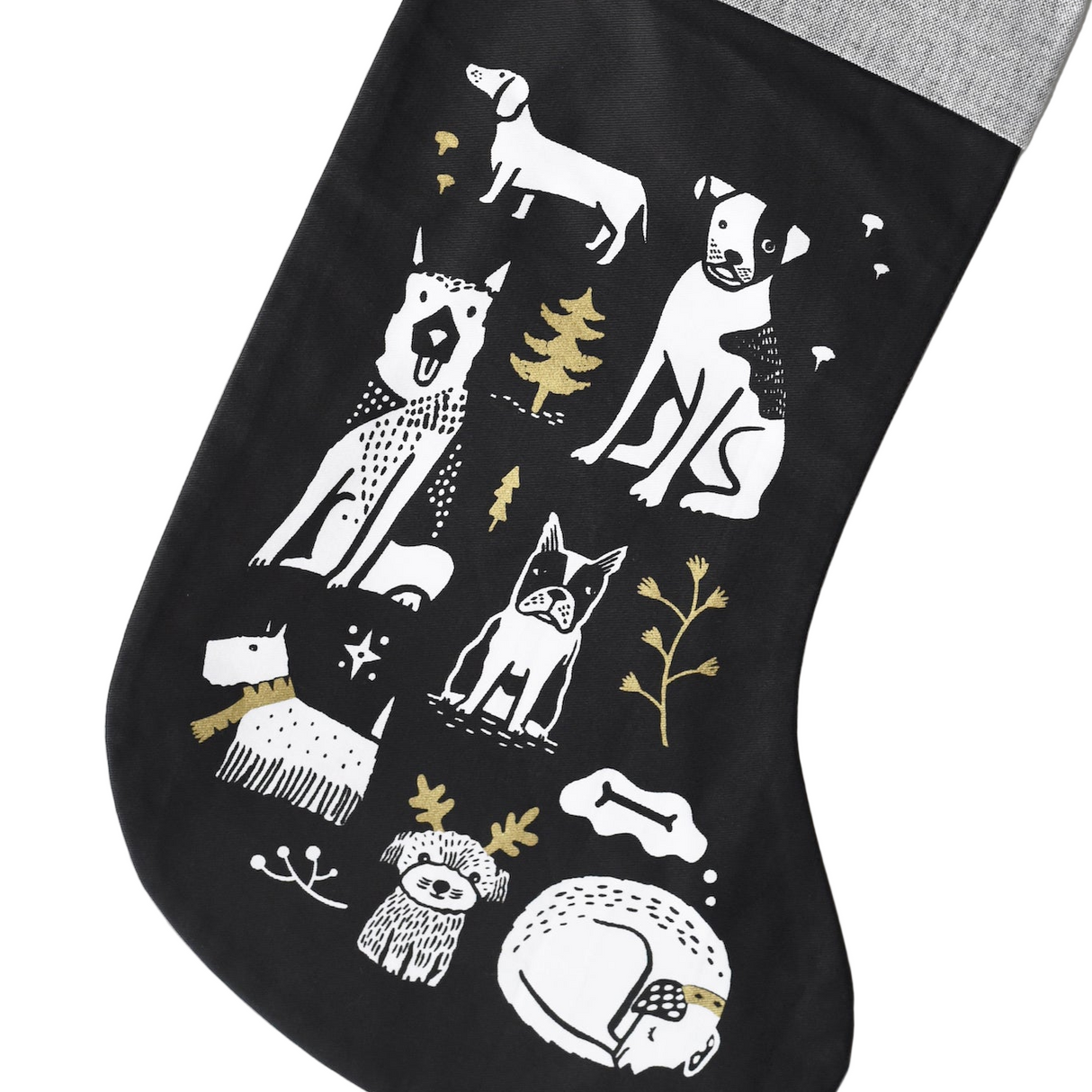 Black stocking with white and gold animal illustrations on a white background