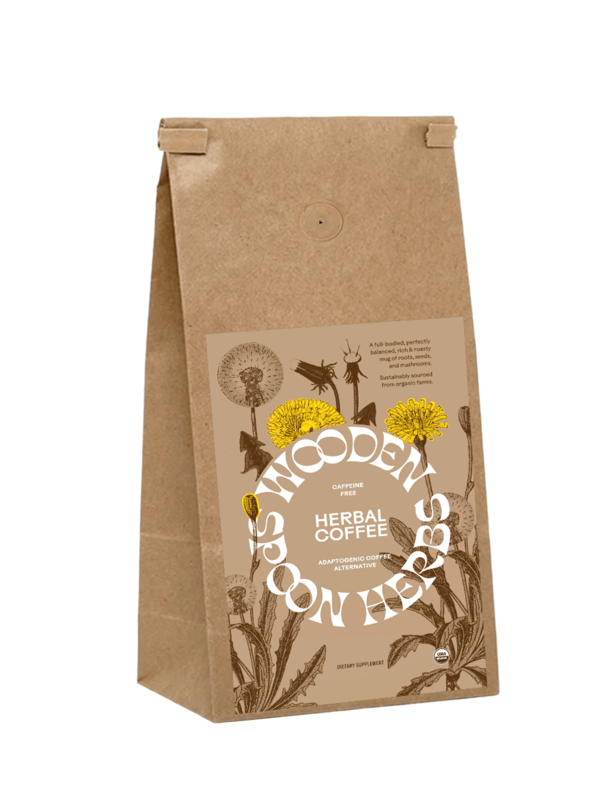 Kraft paper coffee bag with 'Wooden Spoon Herbal' branding on a white background