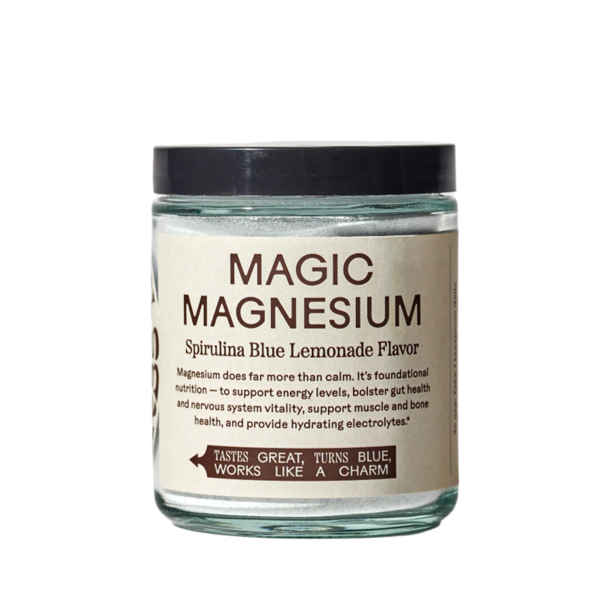 Glass jar of 'Magic Magnesium' with black lid on a white background