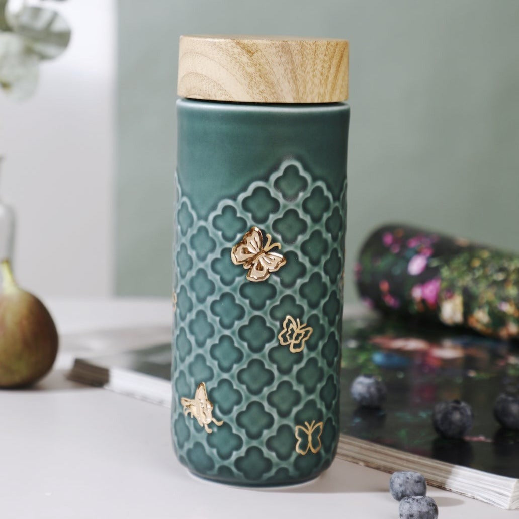 Ceramic Travel Mug | Butterfly - Hand Painted Gold (12 oz)-4