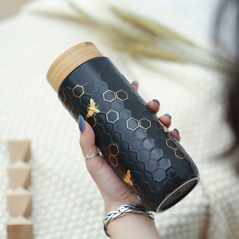 Ceramic Travel Mug | Honey Bee - Hand Painted Gold (16 oz)-16