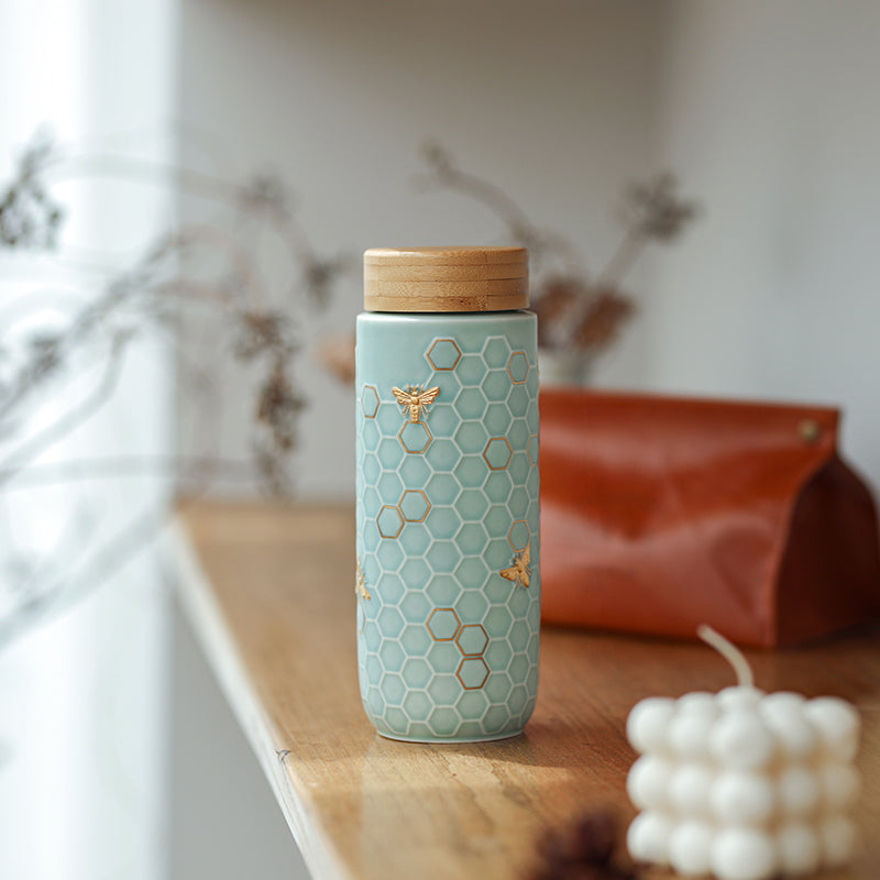 Ceramic Travel Mug | Honey Bee - Hand Painted Gold (16 oz)-11