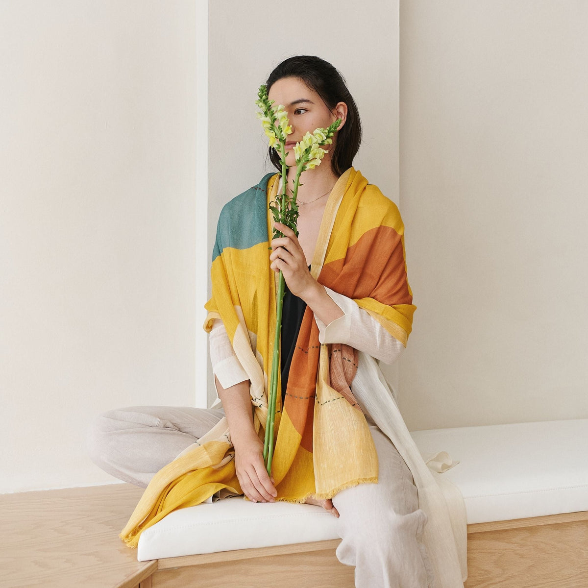 Cirq Sun Yellow Green Circle Pattern Hand Embroidered  Linen Silk Handloom Scarf - Sumiye Co