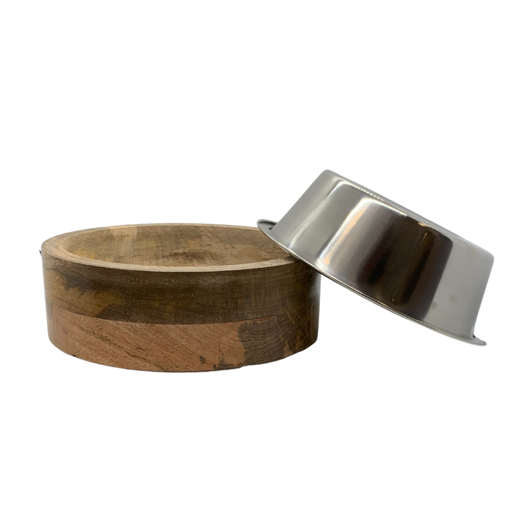 Stainless Steel Dog Bowl with Cylindrical Mango Wood Holder-5