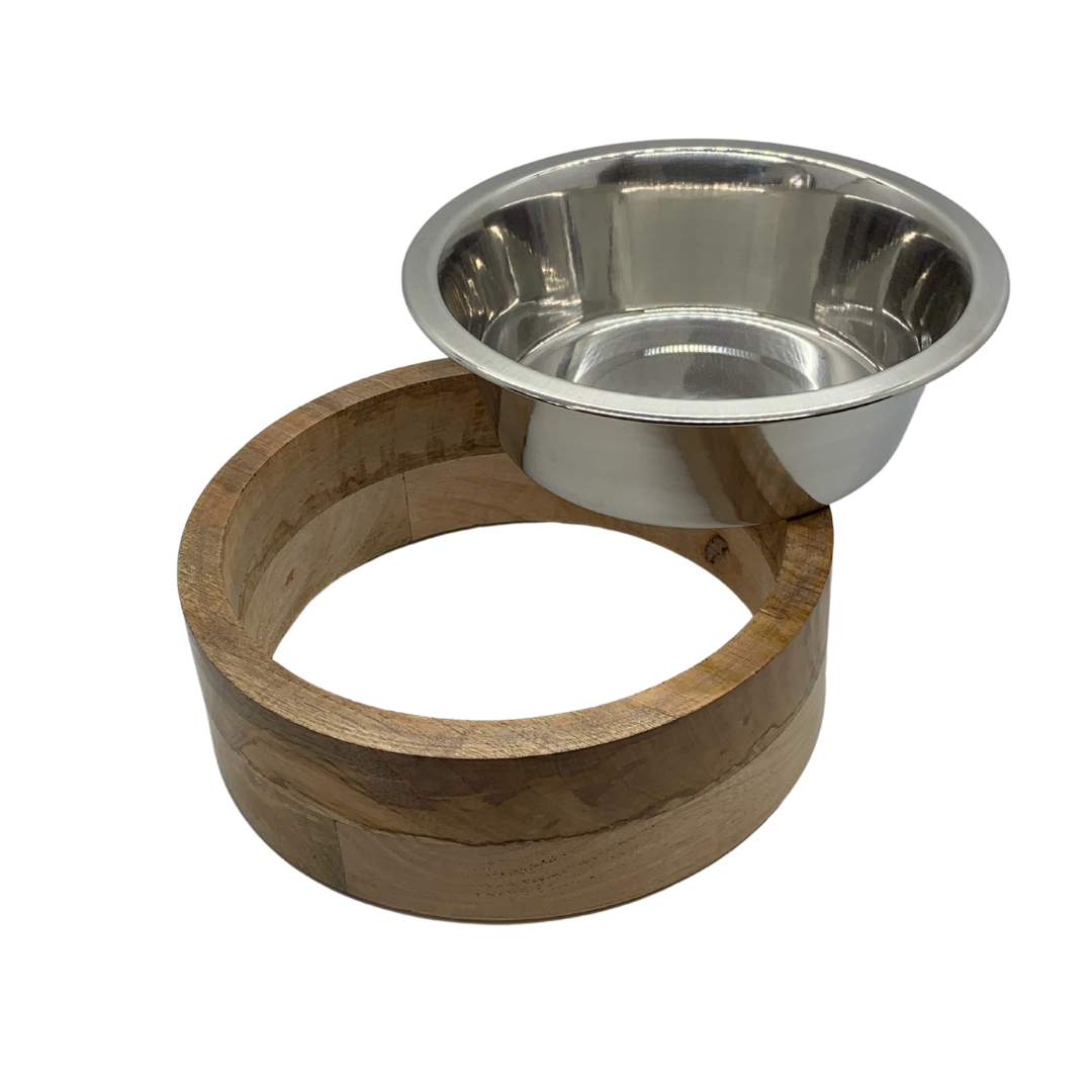 Stainless Steel Dog Bowl with Cylindrical Mango Wood Holder-1