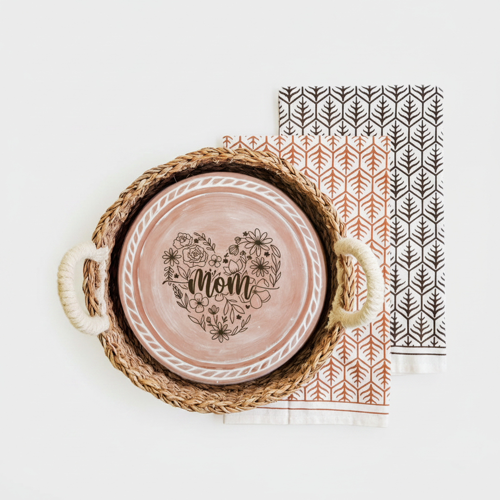 Ceramic plate with 'Mom' design in a woven basket on a white background