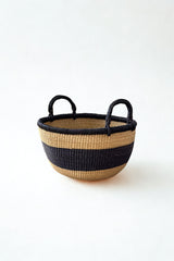 Handwoven Natural & Black Stripe Bolga Basket - Large Round