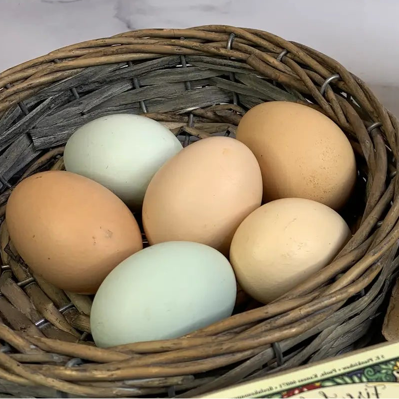 Wicker basket with six eggs of various colors on a neutral background