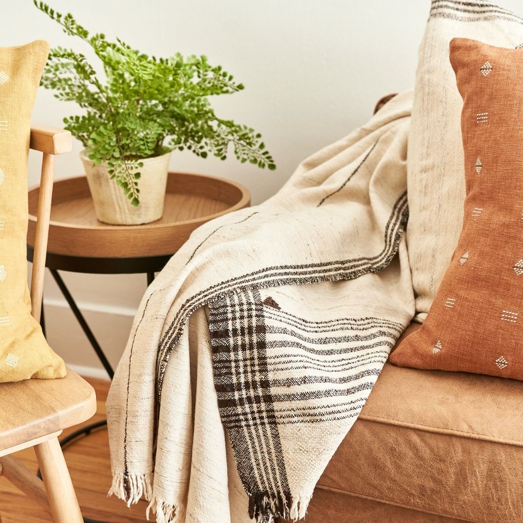 Seytu White  Striped Gently Textured Handloom Throw - Sumiye Co