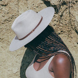 Person wearing a white hat with a brown band against a textured beige wall.