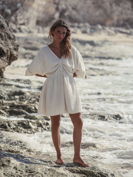 Gaia Drawstring Mini Dress - Natural With Gold Stripes by The Handloom