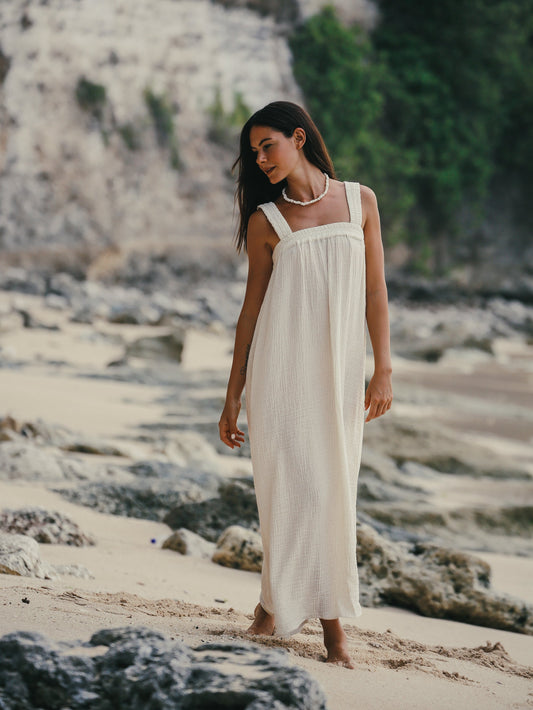 Noa Maxi Dress - Natural With Gold Stripes by The Handloom
