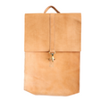 Tan leather backpack on a light gray background