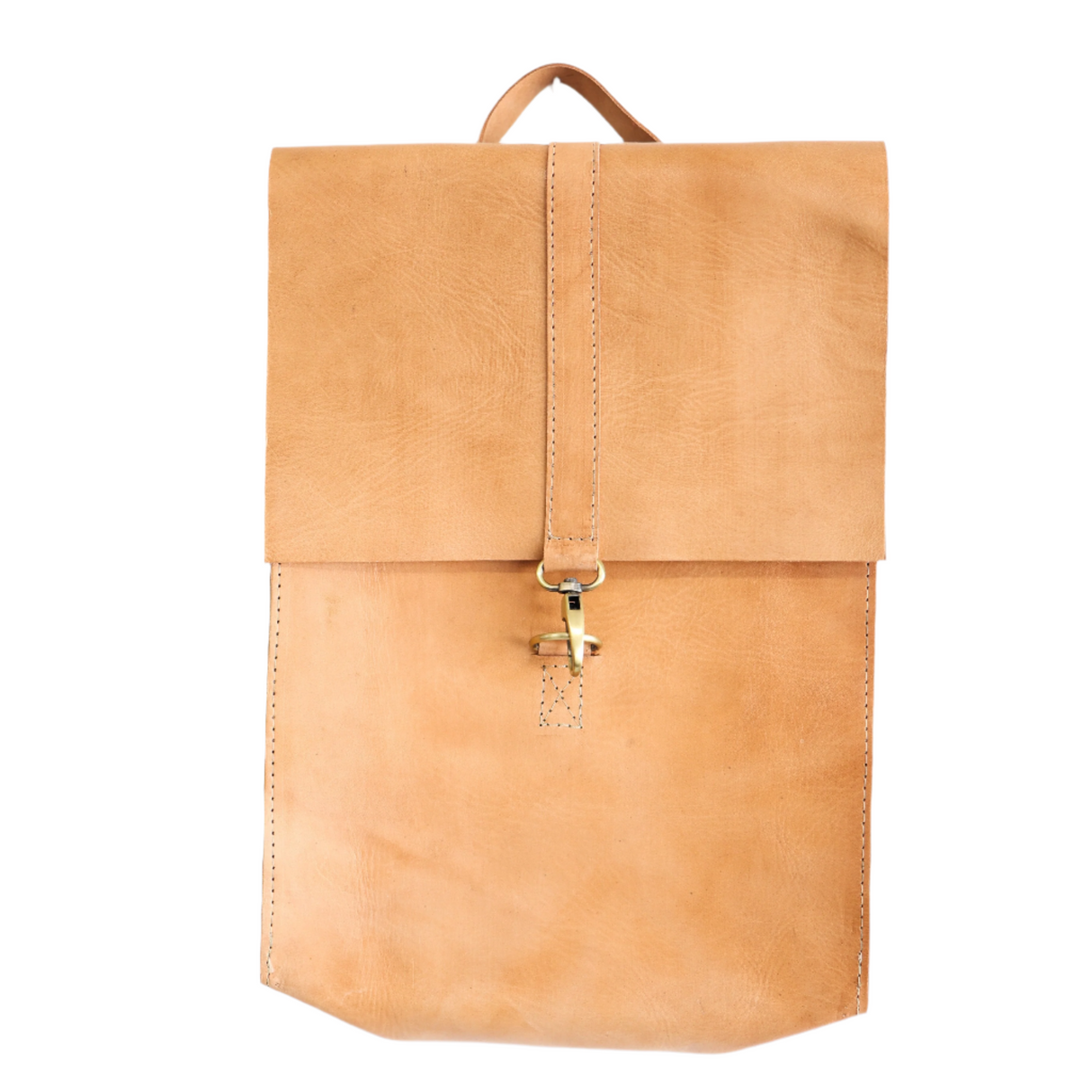 Tan leather backpack on a light gray background