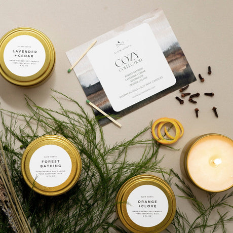 Collection of Cozy Collection candles with labels and packaging on a neutral background
