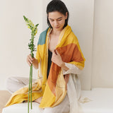 Cirq Sun Yellow Green Circle Pattern Hand Embroidered  Linen Silk Handloom Scarf - Sumiye Co