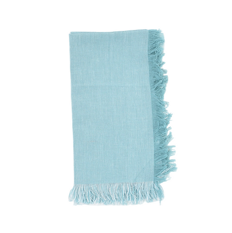 Light blue cloth napkin with fringes on a white background