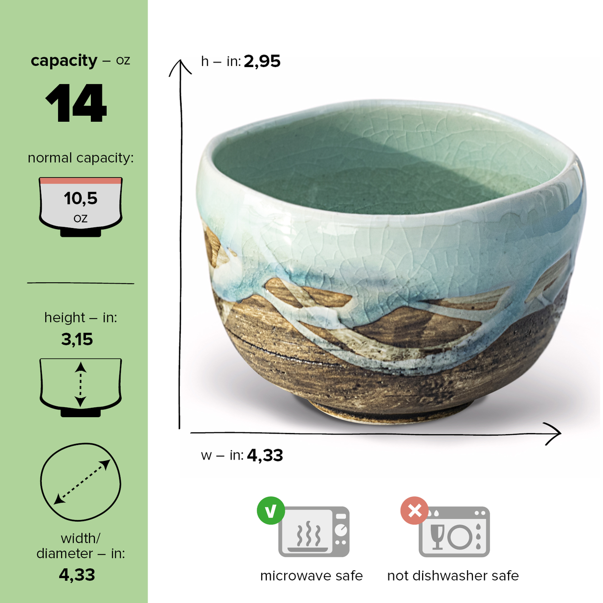 The Japanese Matcha Tea Bowl, Blue & Brown Glaze, is a 14 oz ceramic bowl made with Minoyaki pottery techniques and features an exquisite Japanese blue glaze. Measuring 4.33 inches wide and 2.95 inches high, this microwave-safe piece brings elegance to any tea ritual.